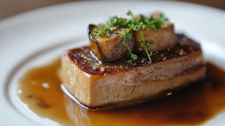 Elegant serving of foie gras with a fig compote and toasted brioche.の素材