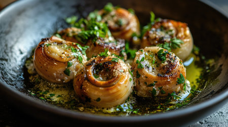 Elegant serving of escargot with garlic butter and fresh herbs.の素材