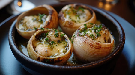Elegant serving of escargot with garlic butter and fresh herbs.の素材