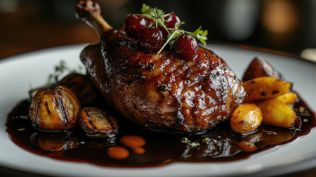Perfectly cooked roasted duck with a cherry glaze and a side of roasted vegetables.の素材
