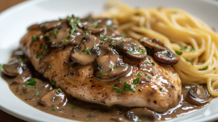 Elegant serving of chicken Marsala with a rich mushroom sauce and a side of pasta.の素材
