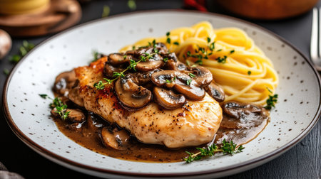 Elegant serving of chicken Marsala with a rich mushroom sauce and a side of pasta.の素材