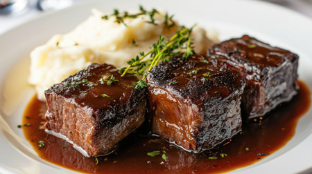 Perfectly cooked beef short ribs with a rich red wine sauce and a side of mashed potatoes.の素材