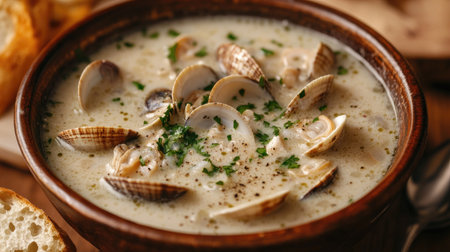 Hearty bowl of clam chowder with a sprinkle of fresh parsley.の素材