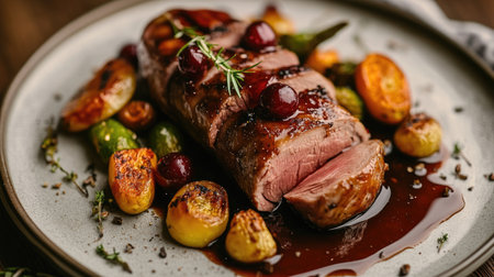 Perfectly cooked duck breast with a cherry glaze and a side of roasted vegetables.の素材