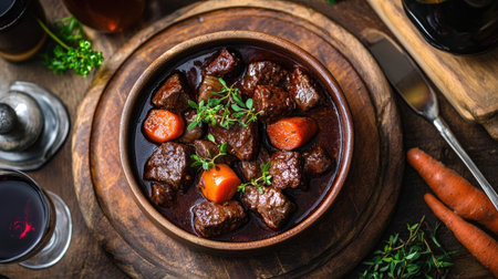 Savory beef bourguignon with tender meat and rich red wine sauce.の素材