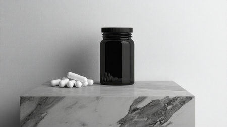 A minimalist black jar stands next to white tablets on a sleek stone surface, perfect for illustrating themes of health, wellness, and modern design.の素材