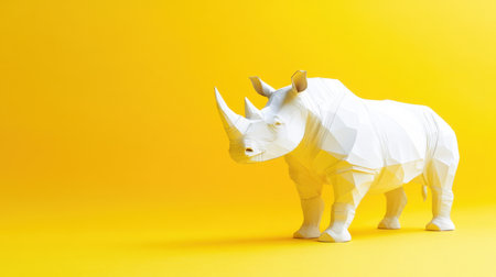 A low poly rhinoceros model on a vibrant yellow background, showcasing geometric design elements. Ideal for wildlife, art, and modern decor themes.の素材