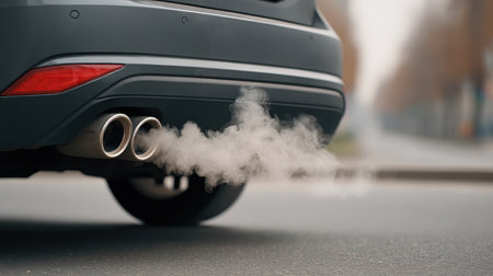 This image captures the exhaust emissions from a car's tailpipe in a city setting, emphasizing the pollution and environmental challenges posed by automotive transportation.の素材