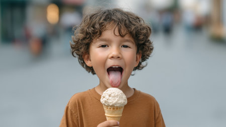 A cheerful child enjoys a creamy ice cream cone while sticking out his tongue, capturing a moment of joy and carefree summer vibes in a vibrant outdoor setting.の素材