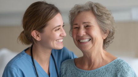 A compassionate nurse shares a joyful interaction with a senior patient, showcasing the importance of care, connection, and support in healthcare environments.の素材