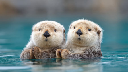 Two cute baby otters float together in calm water, displaying their affectionate bond. Their expressive faces and soft fur make this scene irresistibly charming and serene.の素材