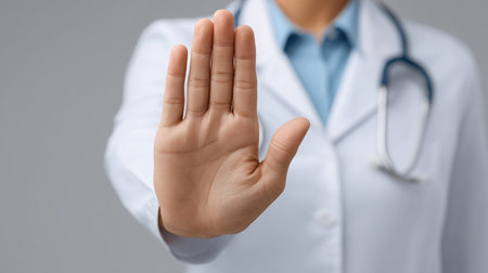 A healthcare professional in a white coat displays a stop hand gesture against a gray background, emphasizing communication and caution in medical interactions.の素材