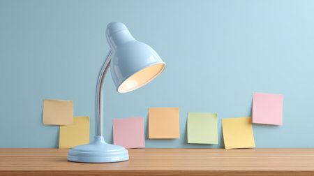 A serene workspace features a light blue desk lamp illuminating colorful sticky notes against a soft blue wall, perfect for inspiration and productivity.の素材