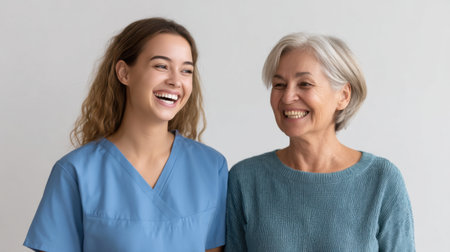 A young nurse and an elderly patient share a heartfelt moment filled with laughter and joy, reflecting the importance of care and connection in healthcare environments.の素材