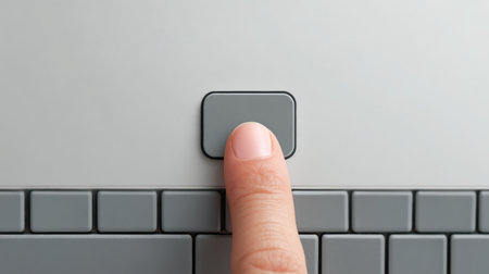 A detailed close-up image showing a finger pressing the button on a slim laptop touchpad. This illustrates modern technology interaction in a digital workspace.の素材