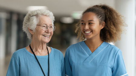 A joyful moment between an elderly woman and her caregiver in a bright hospital corridor, emphasizing compassion and connection in healthcare settings.の素材