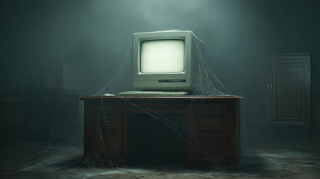 A surreal scene featuring an abandoned vintage computer covered in cobwebs, set in a dimly lit room that evokes feelings of nostalgia and eerie mystery.の素材
