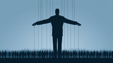 This image depicts a powerful figure controlling a group of silhouetted individuals, symbolizing themes of dominance, manipulation, and authority in a business context.の素材