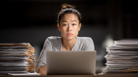 A focused woman sits at a desk surrounded by paperwork, working on her laptop. This image captures the essence of dedication, professionalism, and the challenges of modern work life.の素材