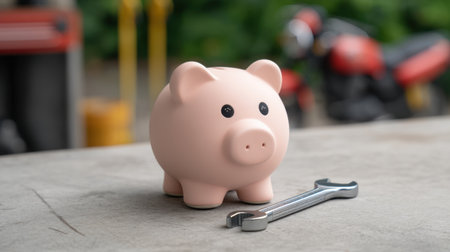 A whimsical pink piggy bank rests beside a metallic wrench on a workshop table, symbolizing the concepts of saving and financial repair in an engaging environment.の素材