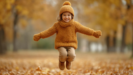 A delightful moment of a joyful child jumping in an autumn park, surrounded by golden leaves. The scene captures pure happiness and the essence of playful childhood.の素材