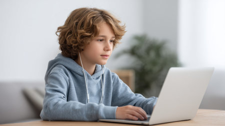 A young boy with curly hair uses a laptop while wearing headphones, showcasing focused engagement in a bright and modern home setting, ideal for themes of learning and technology.の素材