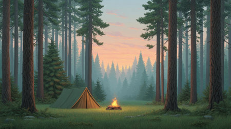 A peaceful camping scene featuring a tent and a campfire in a lush forest at sunrise. Mist rises from the ground, illuminating the trees in soft golden light.の素材
