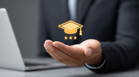 Business professional offers a graduation cap icon in hand, symbolizing education and achievement. Background laptop highlights the significance of technology in learning.の素材