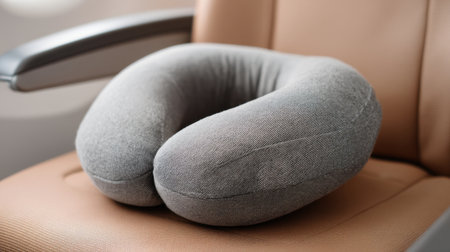A gray neck pillow designed for travel, providing comfort and support during long flights. Ideal for relaxation, this pillow enhances the travel experience.の素材