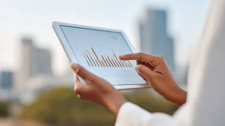 A professional individual engages with a tablet, analyzing business statistics through charts and graphs while enjoying an urban outdoor setting under evening light.の素材
