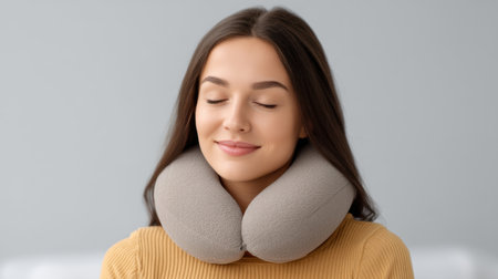 Young woman enjoys relaxation with a soft neck pillow, embodying comfort and tranquility in a peaceful indoor environment. Perfect for wellness themes.の素材