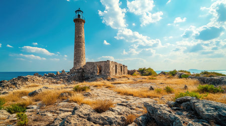 Iconic ruins of the Lighthouse of Alexandria with a bright clear sky.の素材