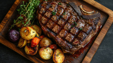 Perfectly grilled ribeye steak with a side of roasted potatoes and vegetables.の素材
