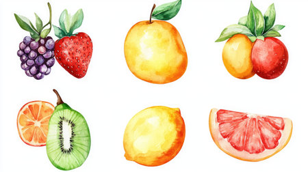 Artistic watercolor set of fruits on a white background, perfect for prints.の素材