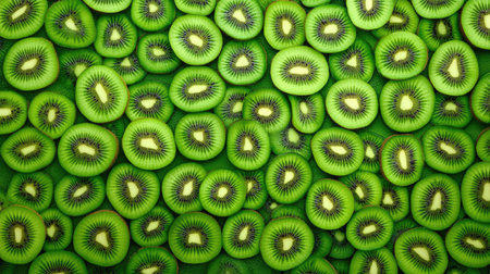 Fresh kiwi slices arranged to cover the whole background with vibrant green.の素材