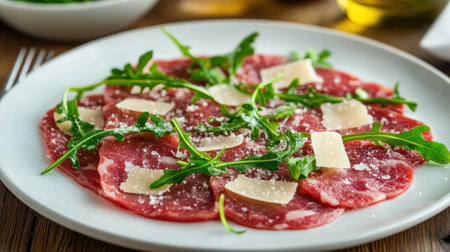 Elegant serving of beef carpaccio with arugula and parmesan shavings.の素材