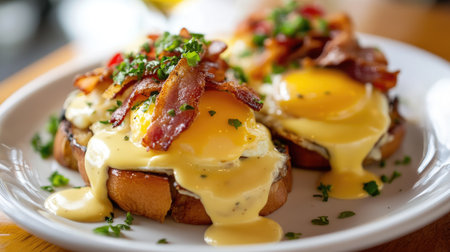 Beautifully plated eggs Benedict with hollandaise sauce and crispy bacon.の素材