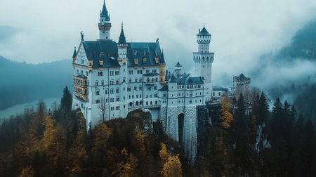 Majestic Neuschwanstein Castle in Germany with space for text.の素材