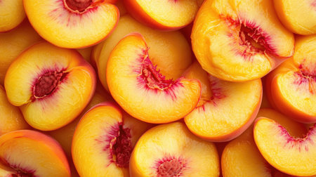 Sweet peach slices covering the entire background with warm orange hues.の素材