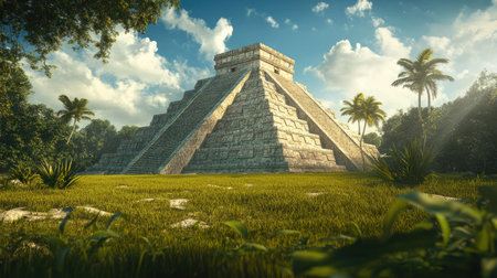 Stunning view of Chichen Itza pyramid with clear space for textの素材