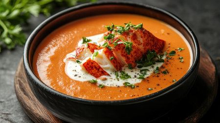 Elegant serving of lobster bisque with a drizzle of cream and fresh herbsの素材