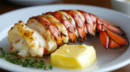 Perfectly cooked lobster tail with a side of drawn butter and lemon wedge.の素材