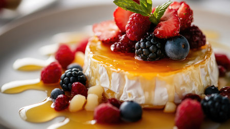 Elegant serving of baked brie with a honey drizzle and fresh berries.の素材