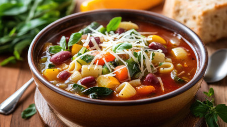 Hearty bowl of minestrone soup with fresh vegetables and pasta.の素材