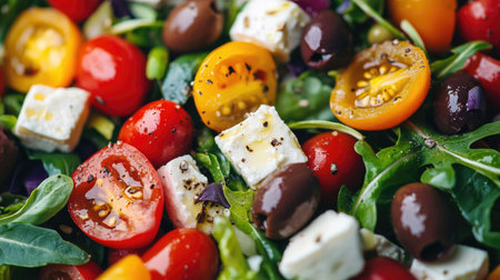 Colorful Mediterranean salad with olives, feta cheese, and cherry tomatoes, attractively arranged.の素材
