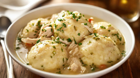 Hearty bowl of chicken and dumplings with tender chicken and fluffy dumplings.の素材