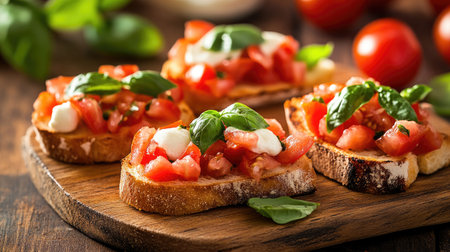 Italian bruschetta topped with fresh tomatoes, basil, and mozzarella, arranged on a rustic wooden boardの素材