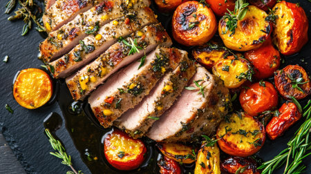 Savory pork tenderloin with a mustard glaze and a side of roasted vegetables.の素材