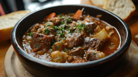 Savory lamb stew with tender meat and a rich broth, served with crusty bread.の素材